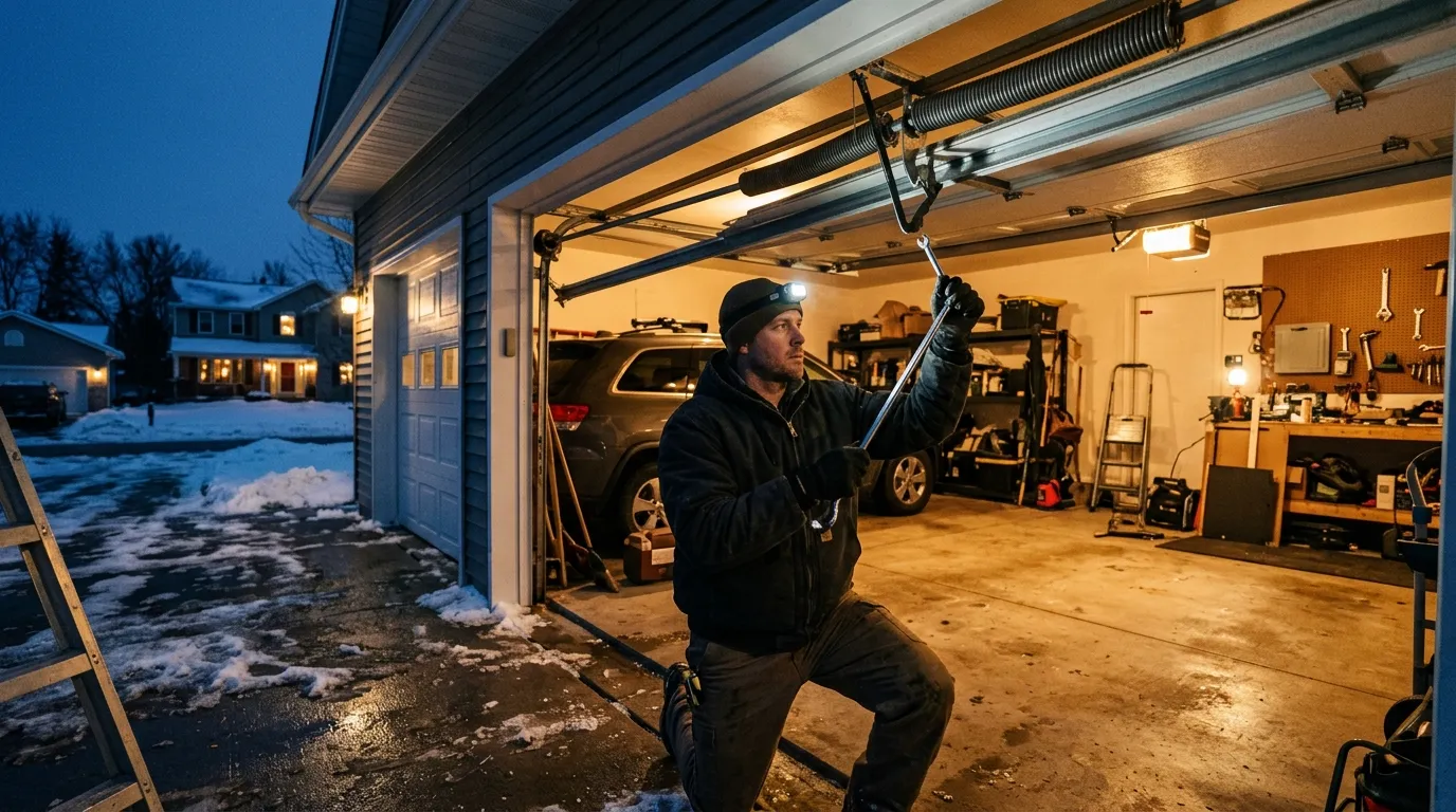 Garage door detail illustrating why cold snaps break springs on evanston's older garages