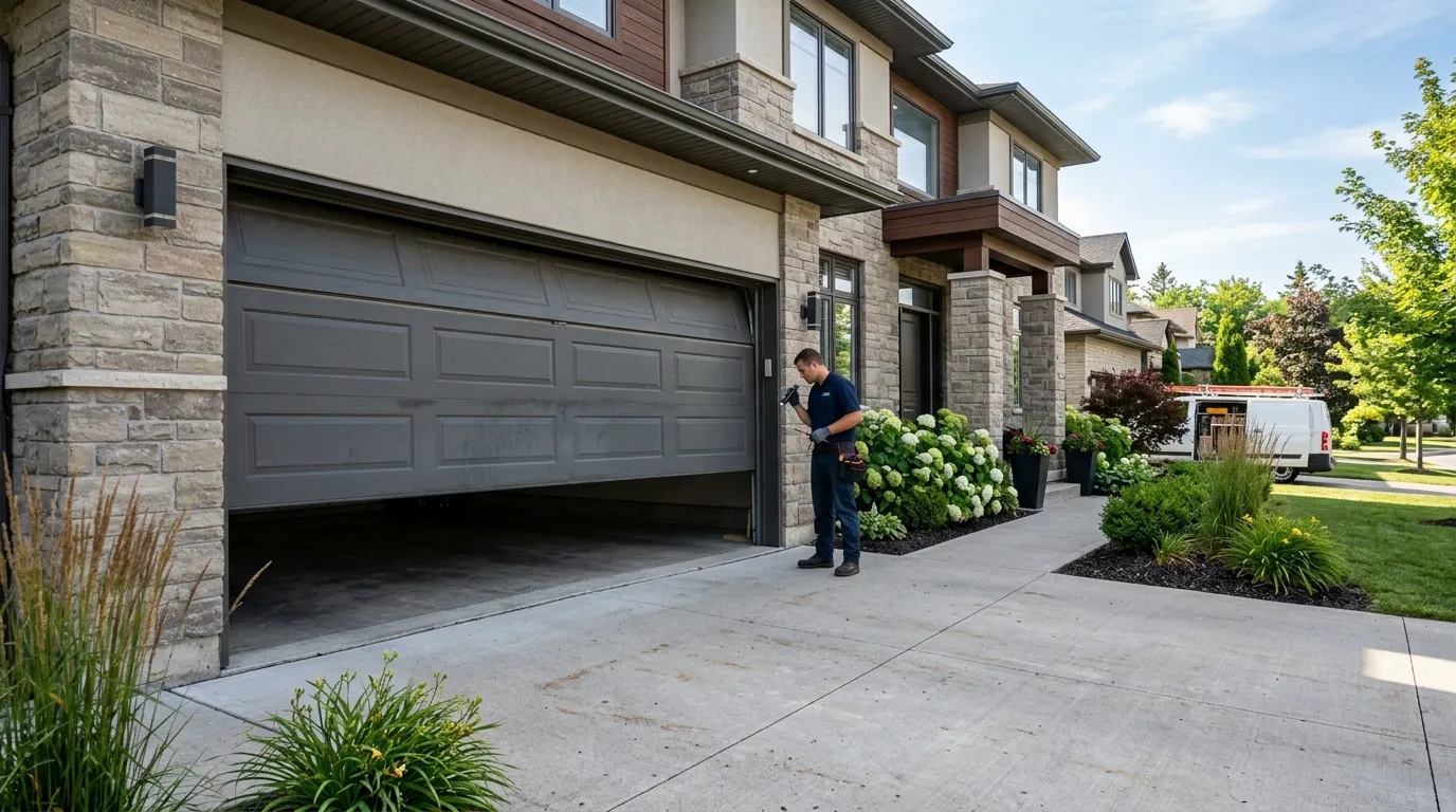 Garage door detail illustrating why safety sensors drift in evanston's older garages