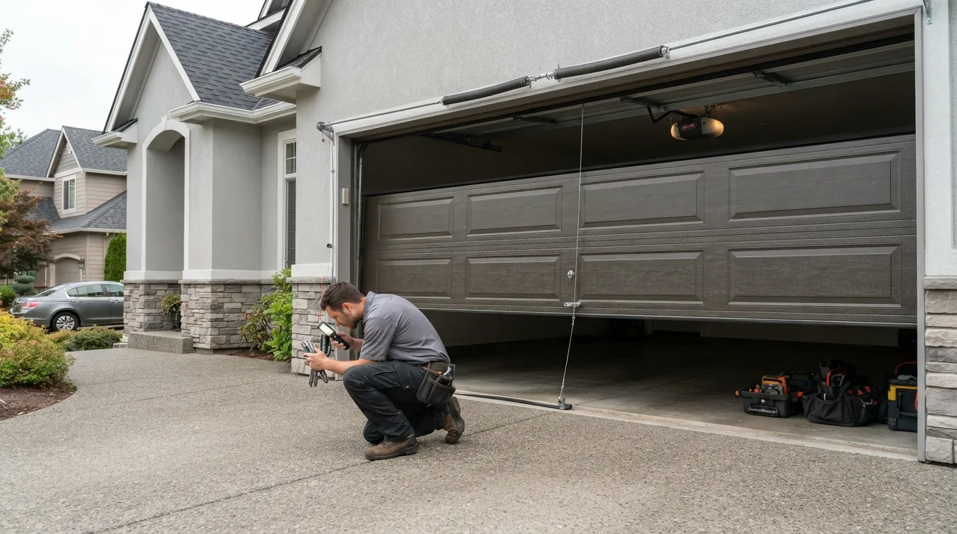Garage door technician repairing an older Evanston Illinois garage door